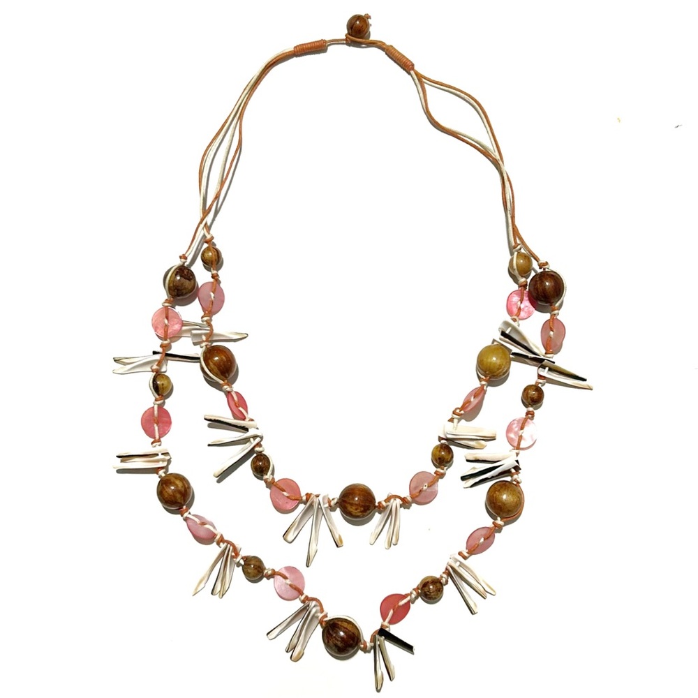 Shell Beaded Necklace Pearlized Pink Brown Creme Beige Tan Beach Boho Vacation